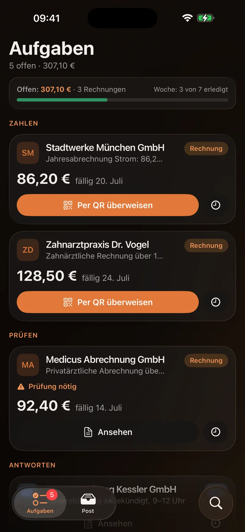 Tasks view in dark mode listing open letters grouped by action