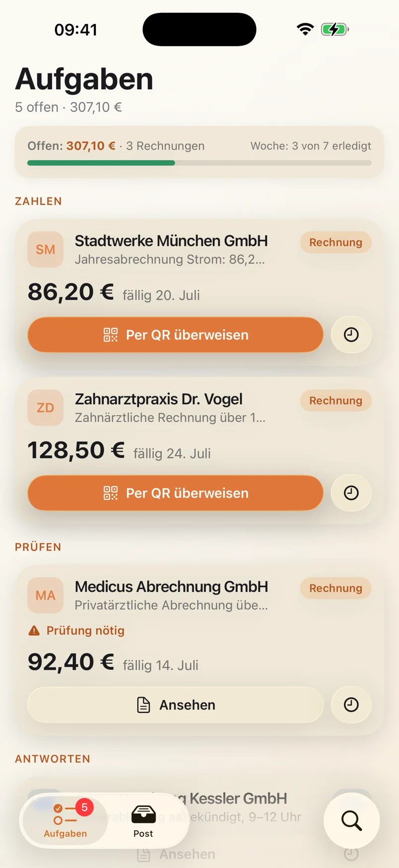 Tasks view listing open letters grouped by action