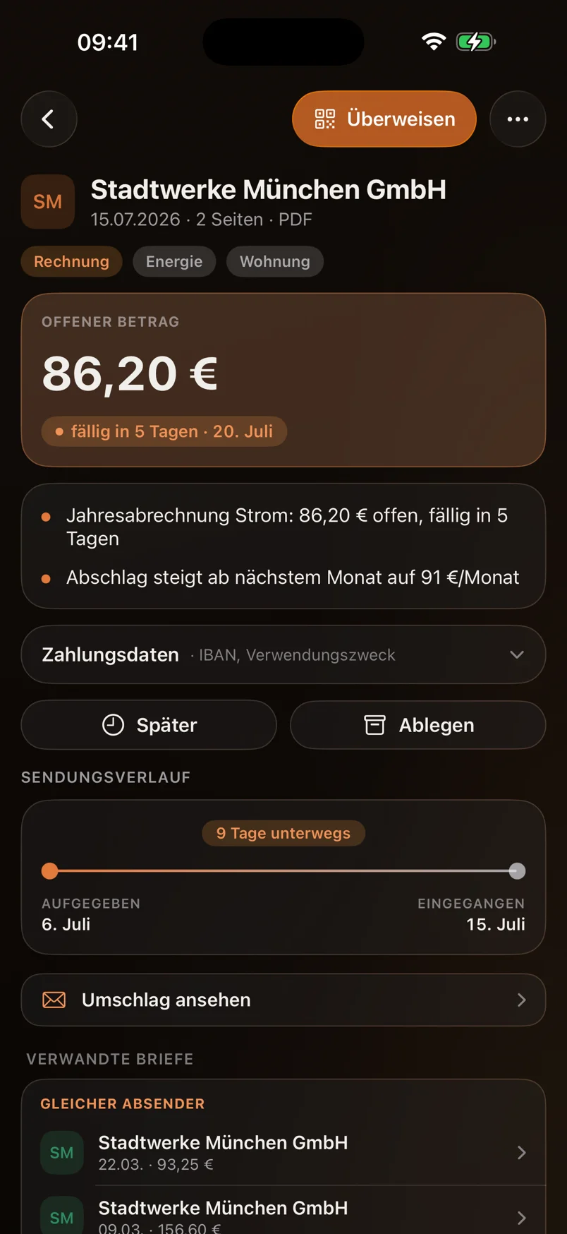 Letter detail screen in dark mode with AI summary
