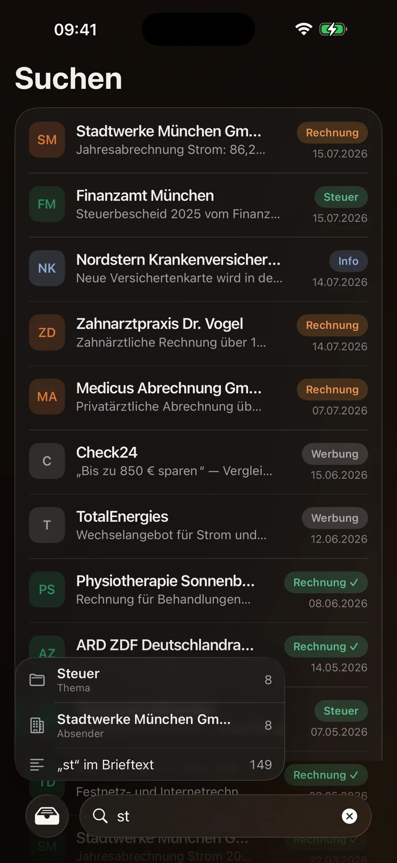 Search in dark mode with autocomplete suggestions for topics, senders and full text