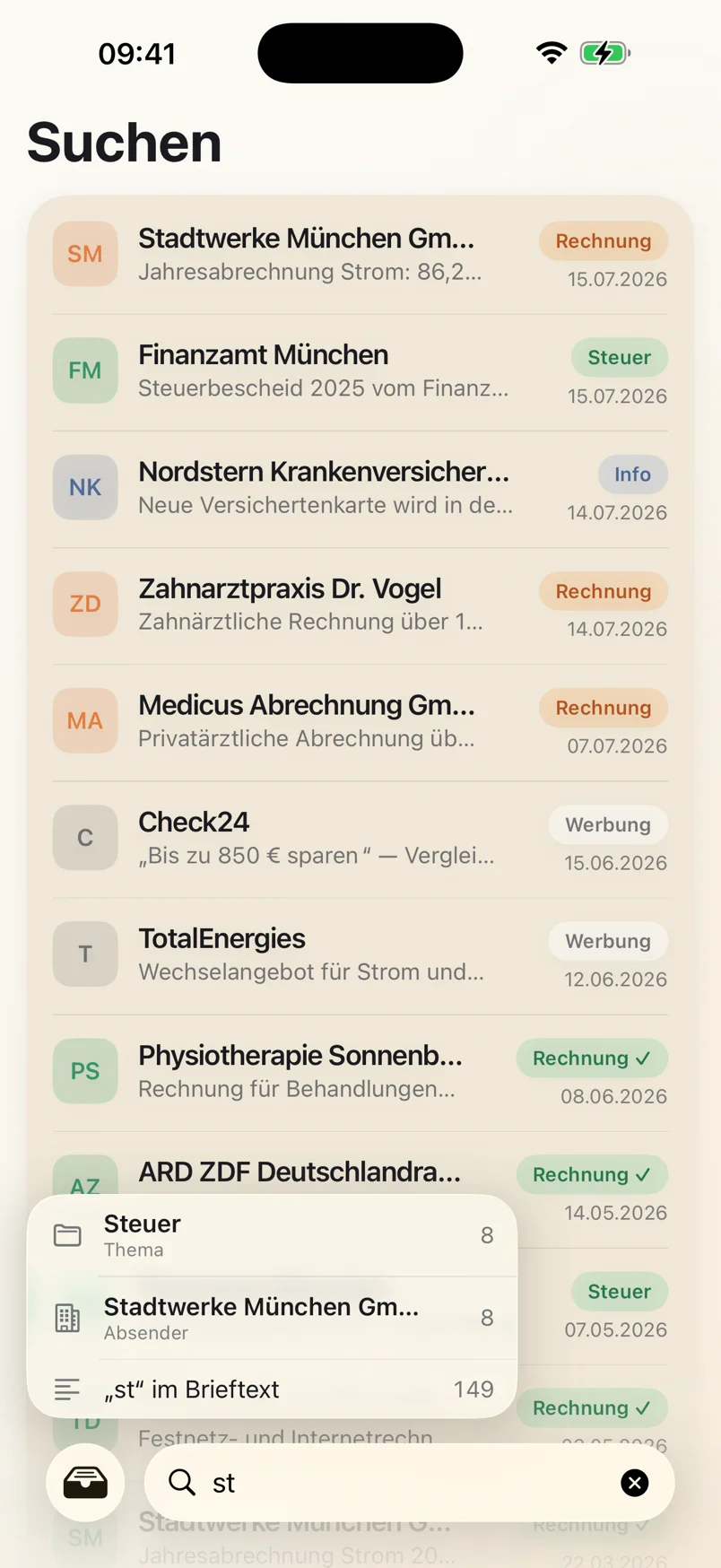 Search with autocomplete suggestions for topics, senders and full text