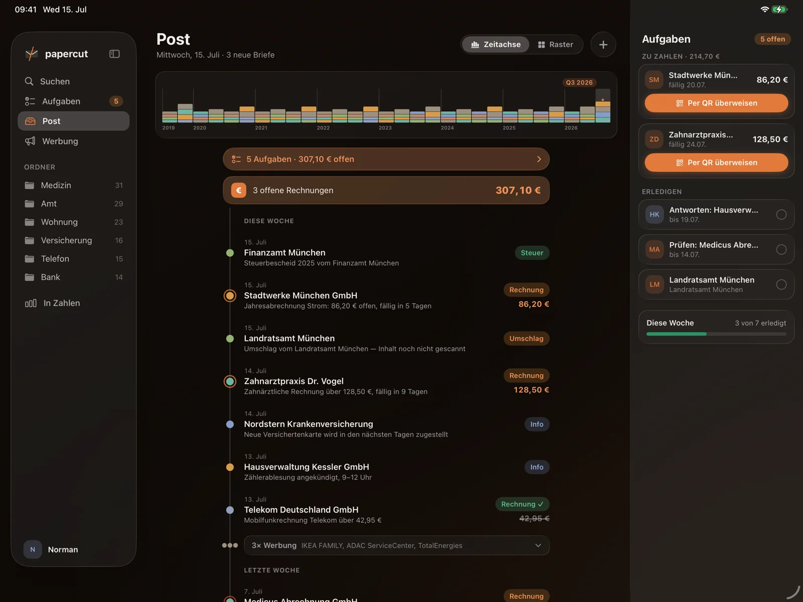 Papercut on iPad in dark mode landscape: sidebar folders, mail chronology and open tasks side by side