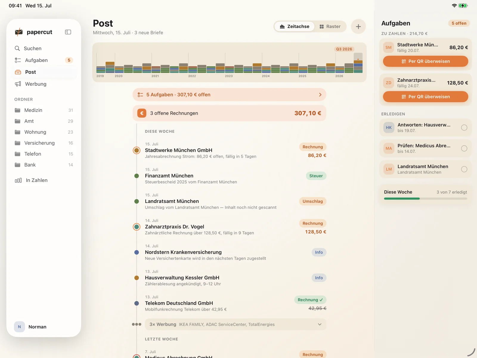Papercut on iPad in landscape: sidebar folders, mail chronology and open tasks side by side