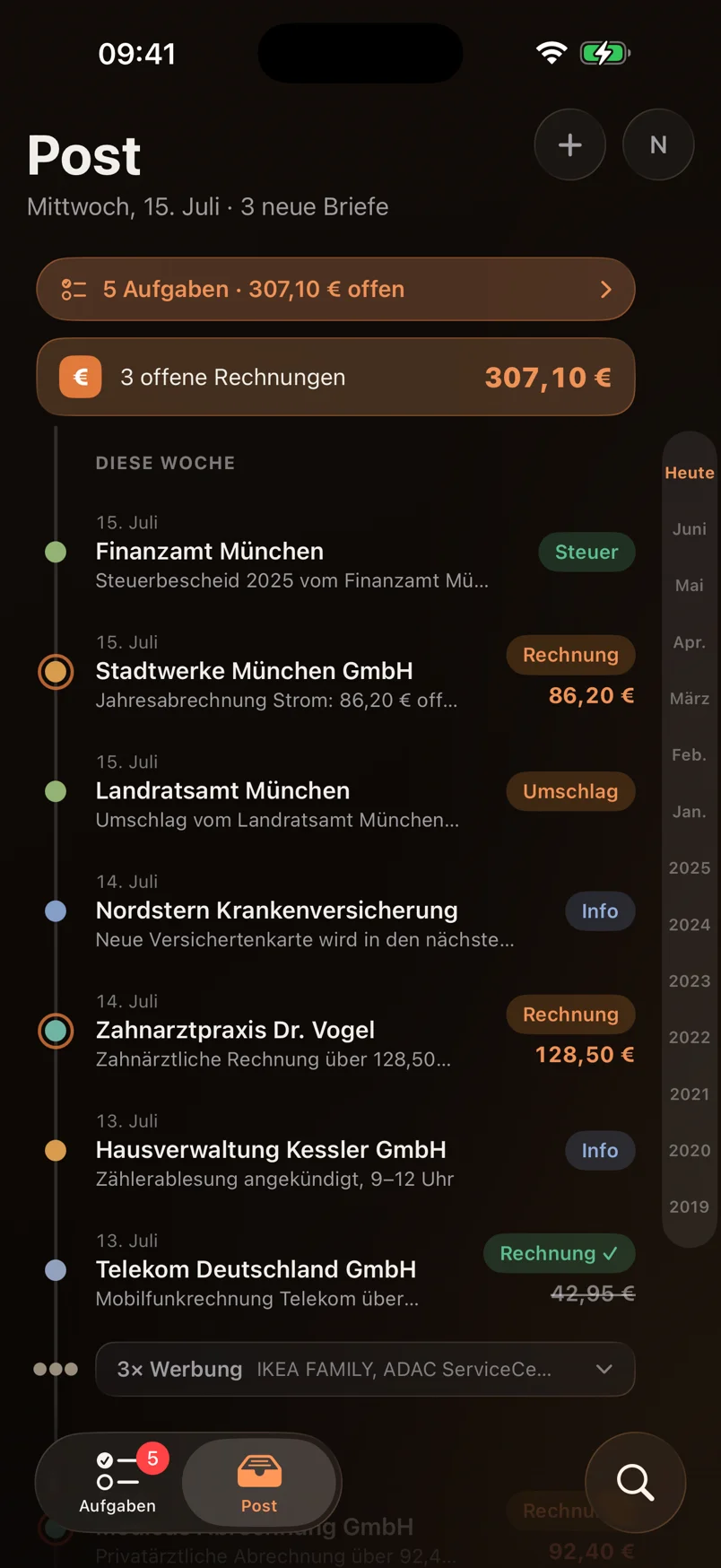 Papercut Post screen in dark mode showing this week's letters with open tasks
