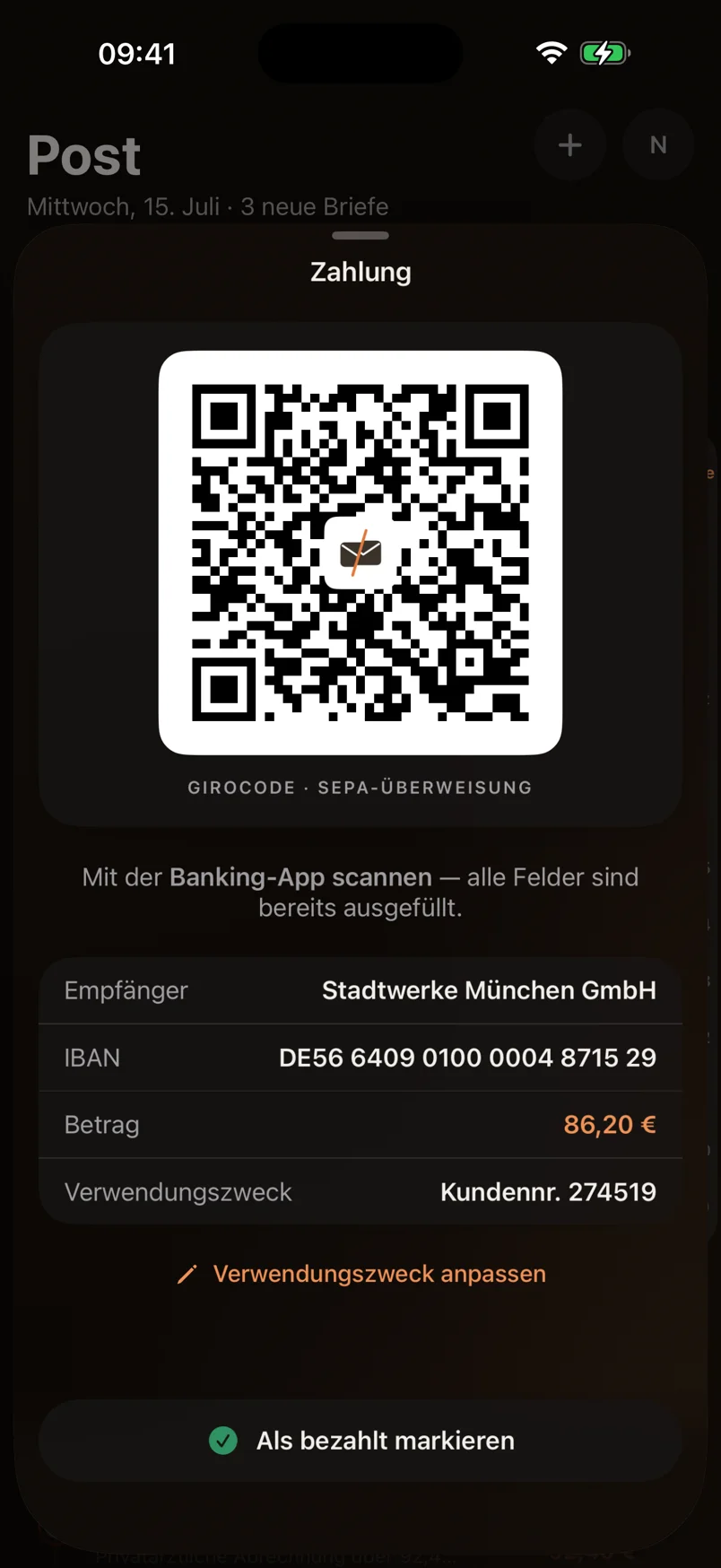 SEPA payment QR code in dark mode ready to scan with a banking app