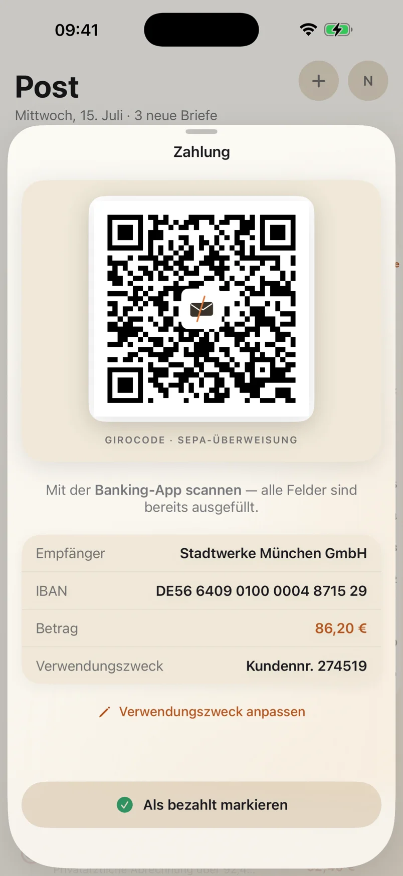 SEPA payment QR code ready to scan with a banking app